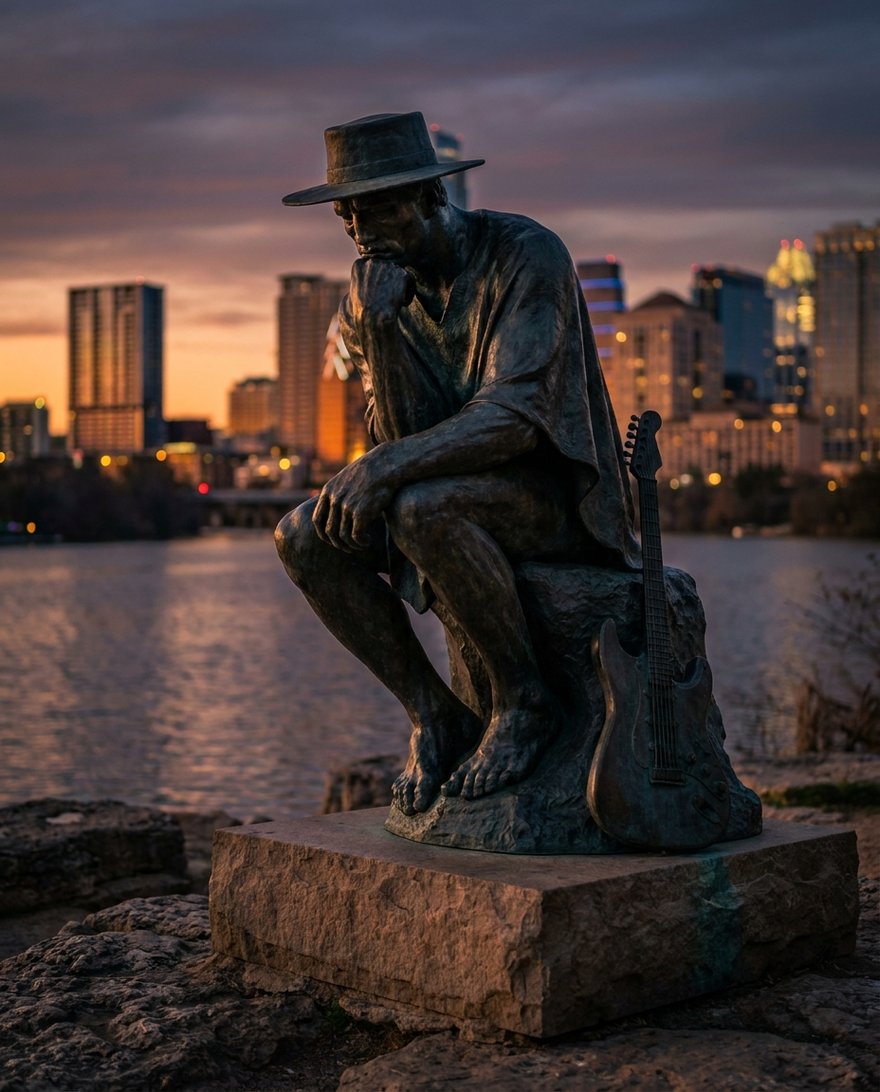 Bronze statue of a blues guitarist in a wide-brimmed hat, seated deep in thought like The Thinker, guitar at his side, with the Austin skyline across the lake at dusk