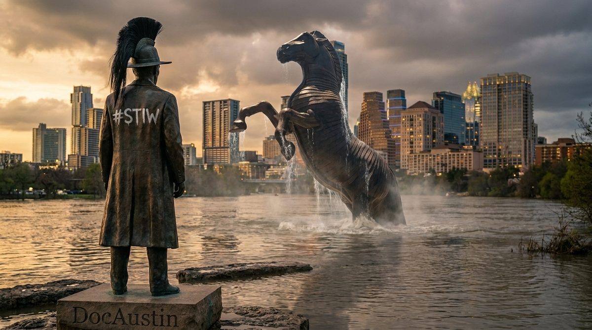 The bronze guitarist statue seen from behind, his hat bearing a Greek horse-hair crest, looking across a flooded Lady Bird Lake at downtown Austin as a colossal wooden Trojan Horse rises from the water