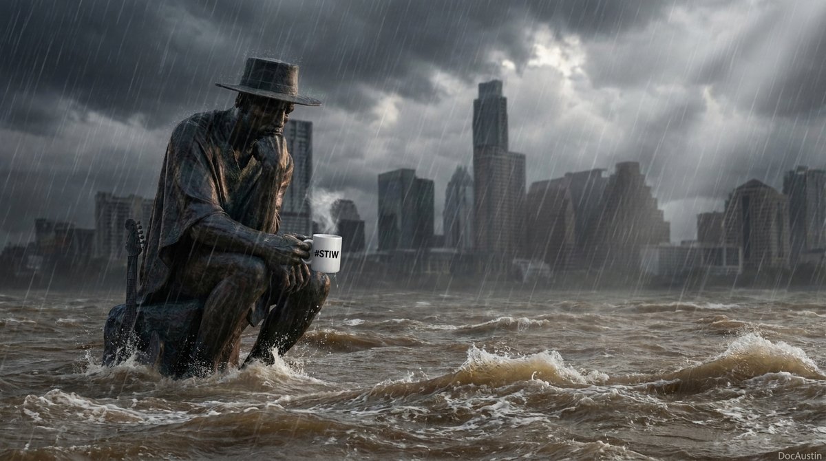 The bronze Thinker guitarist statue waist-deep in floodwater under storm clouds, holding a steaming coffee mug printed with #STIW