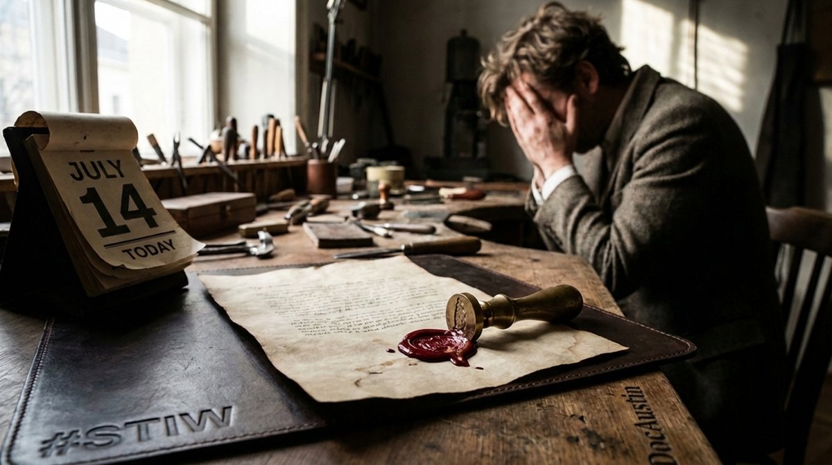 A document with a still-wet red wax seal beside a torn calendar page, a frustrated artisan blurred in the background, marked with #STIW and DocAustin