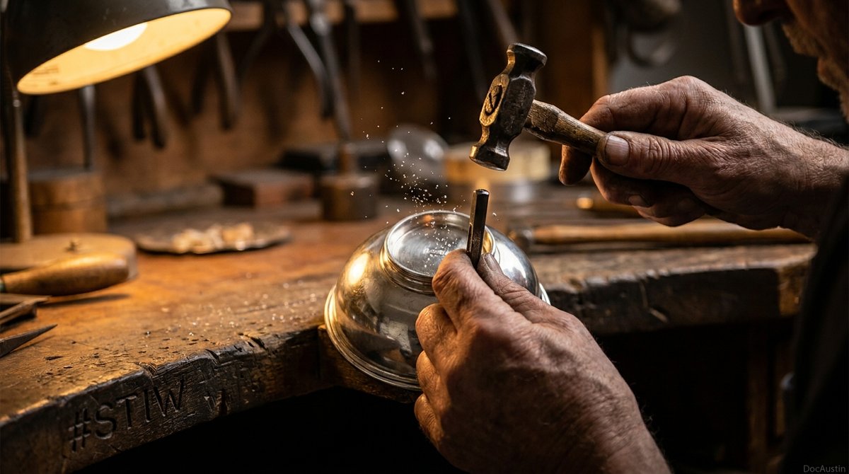 A maker's mark being struck, marked with #STIW and DocAustin
