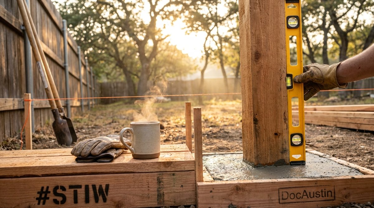A cedar pergola post in a fresh concrete footing with a level against it, coffee and gloves on the lumber pile, marked with #STIW and DocAustin