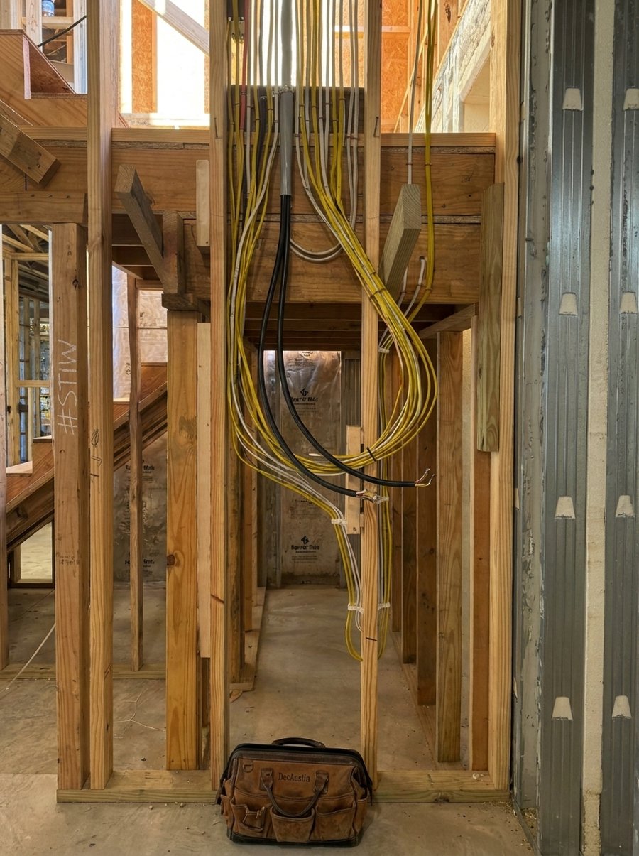 An open renovation wall full of gleaming new copper wiring with a conspicuously empty space where the breaker panel should be, marked with #STIW and DocAustin