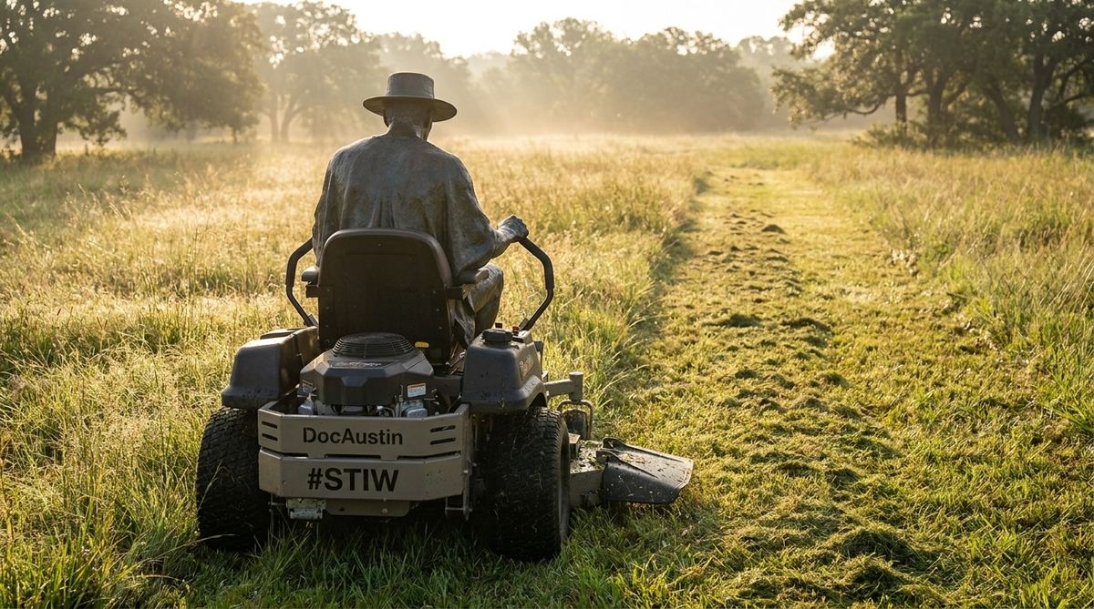 The bronze Thinker guitarist statue seen from behind, driving a commercial zero-turn mower, cutting a clean path through tall wet grass at dawn, #STIW on the mower deck