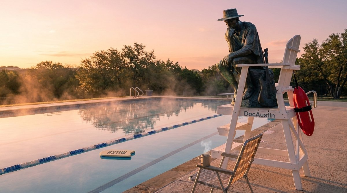 The bronze Thinker guitarist statue seated in a lifeguard chair at dawn, watching an empty swim lane with a #STIW kickboard floating in it